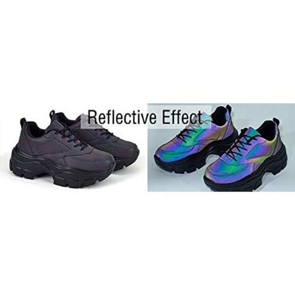 Women Charcoal Platform Fuchsia Hologram Casual Lace-Up Sneakers - Picture 2 of 7